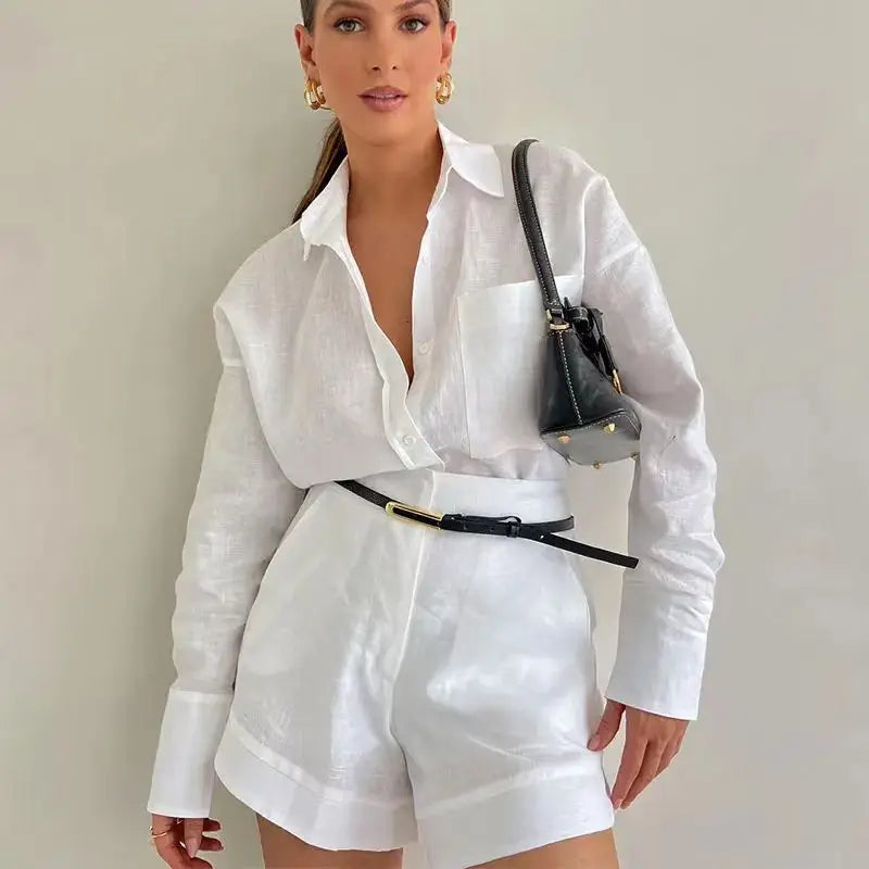 Sommer-Shorts-Sets für Damen, langärmelige Blusen mit kurzen Hosen, 2-teiliges Set, leichte Hemden, Trainingsanzug, lässige, lockere Outfits