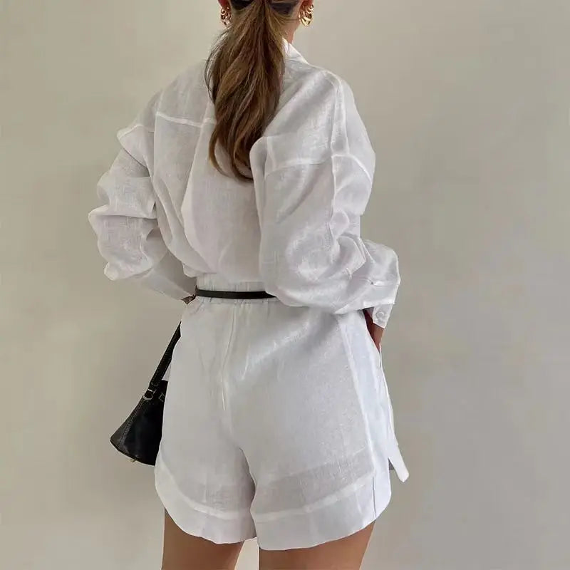 Sommer-Shorts-Sets für Damen, langärmelige Blusen mit kurzen Hosen, 2-teiliges Set, leichte Hemden, Trainingsanzug, lässige, lockere Outfits