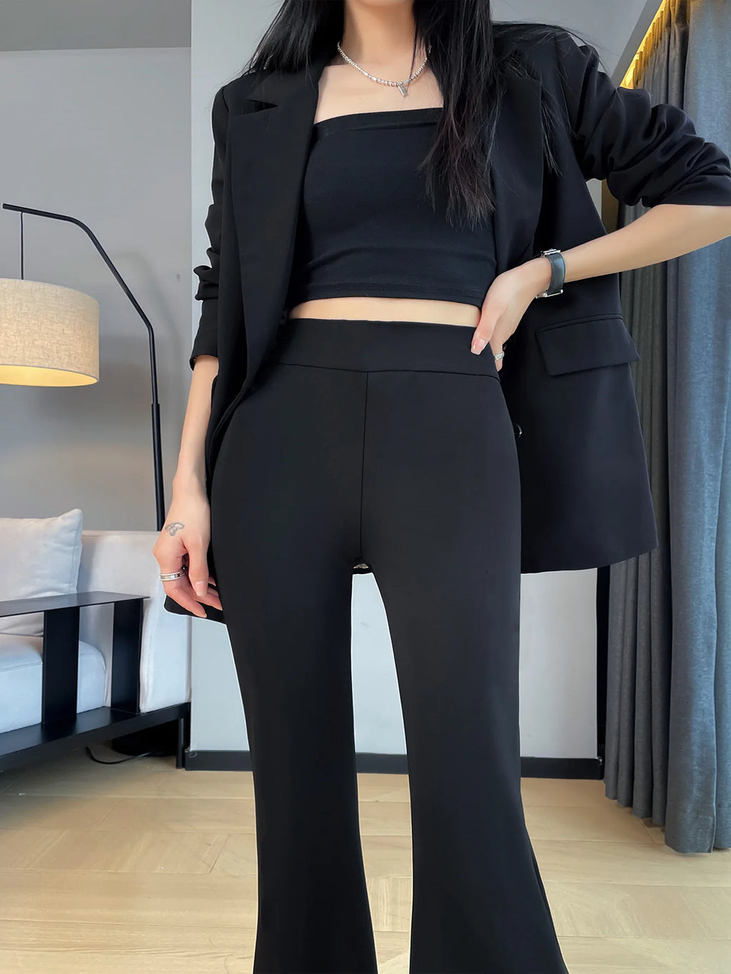 Damen-Hose in Übergröße im britischen Stil, Sommermode, lockere Hose, einfarbig, ausgestellte Hose