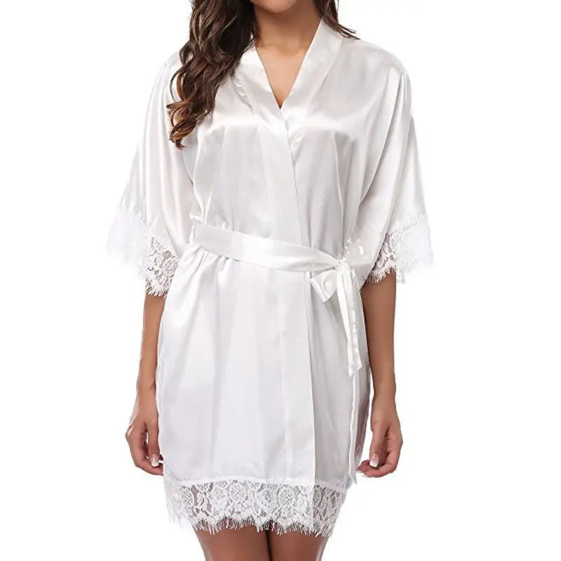 Frauen Iace Seide Pyjamas Roben Nachtwäsche Nachthemden Halbarm Nachthemd Schwarz Spitze Bademantel Glatte Weiche Bequeme Reine Farbe
