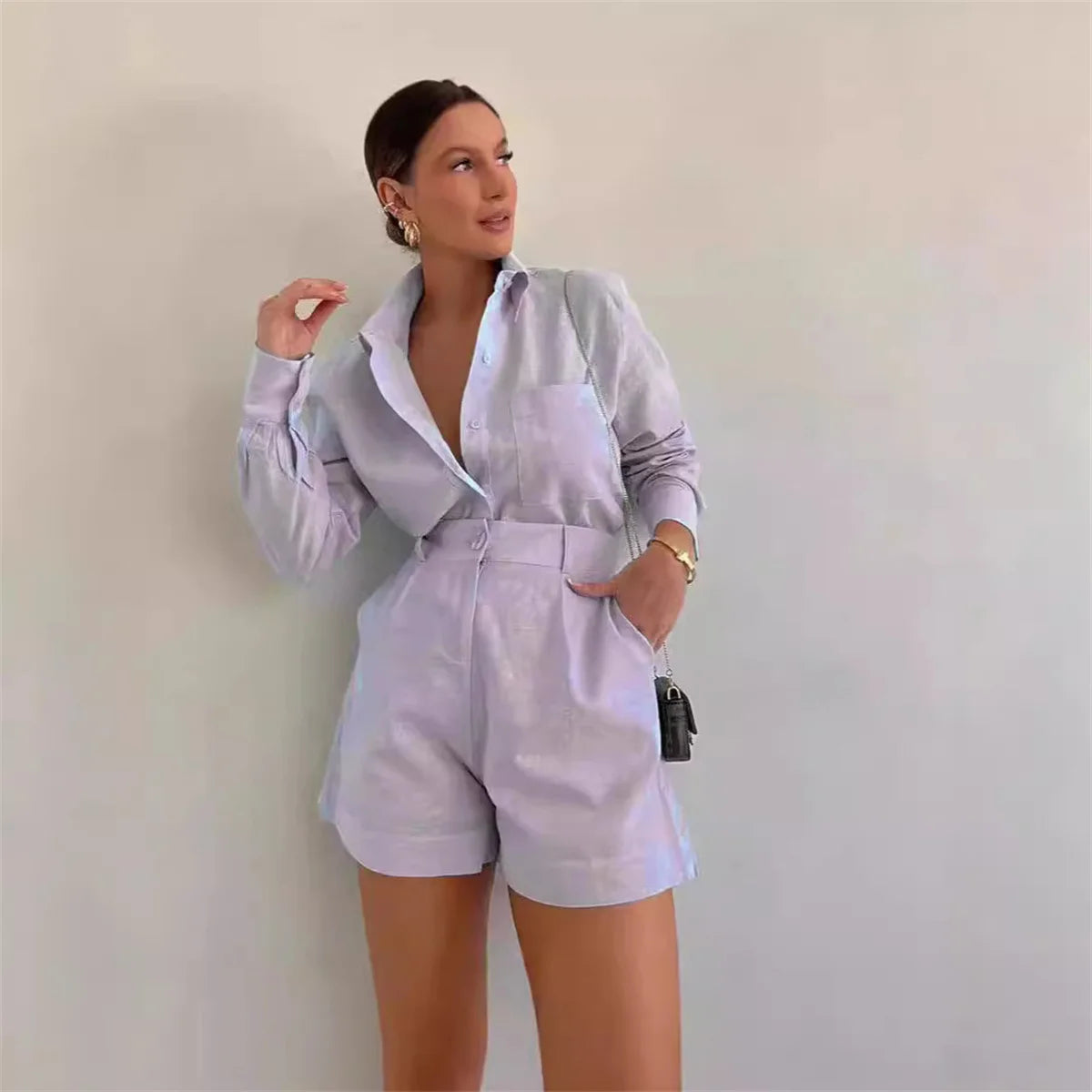 Sommer Casual Hause 2 Stück Sets Für Frauen 2025 Mode Langarm Einfache Taste Taschen Hemd Shorts Trainingsanzug Weibliche Outfits