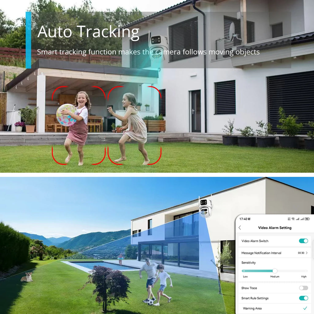 9MP 6MP WLAN-Kamera IP Außen-PTZ-Sicherheitskamera mit drei Objektiven, Dual-Screen, KI-Personenerkennung, automatische Verfolgung, Überwachungskamera ICSee