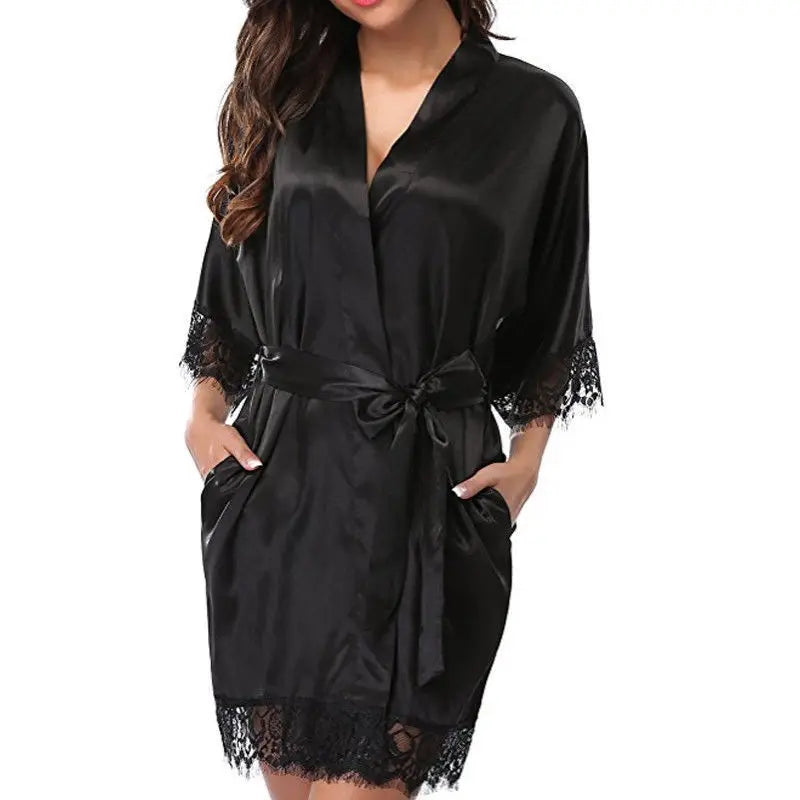 Frauen Iace Seide Pyjamas Roben Nachtwäsche Nachthemden Halbarm Nachthemd Schwarz Spitze Bademantel Glatte Weiche Bequeme Reine Farbe