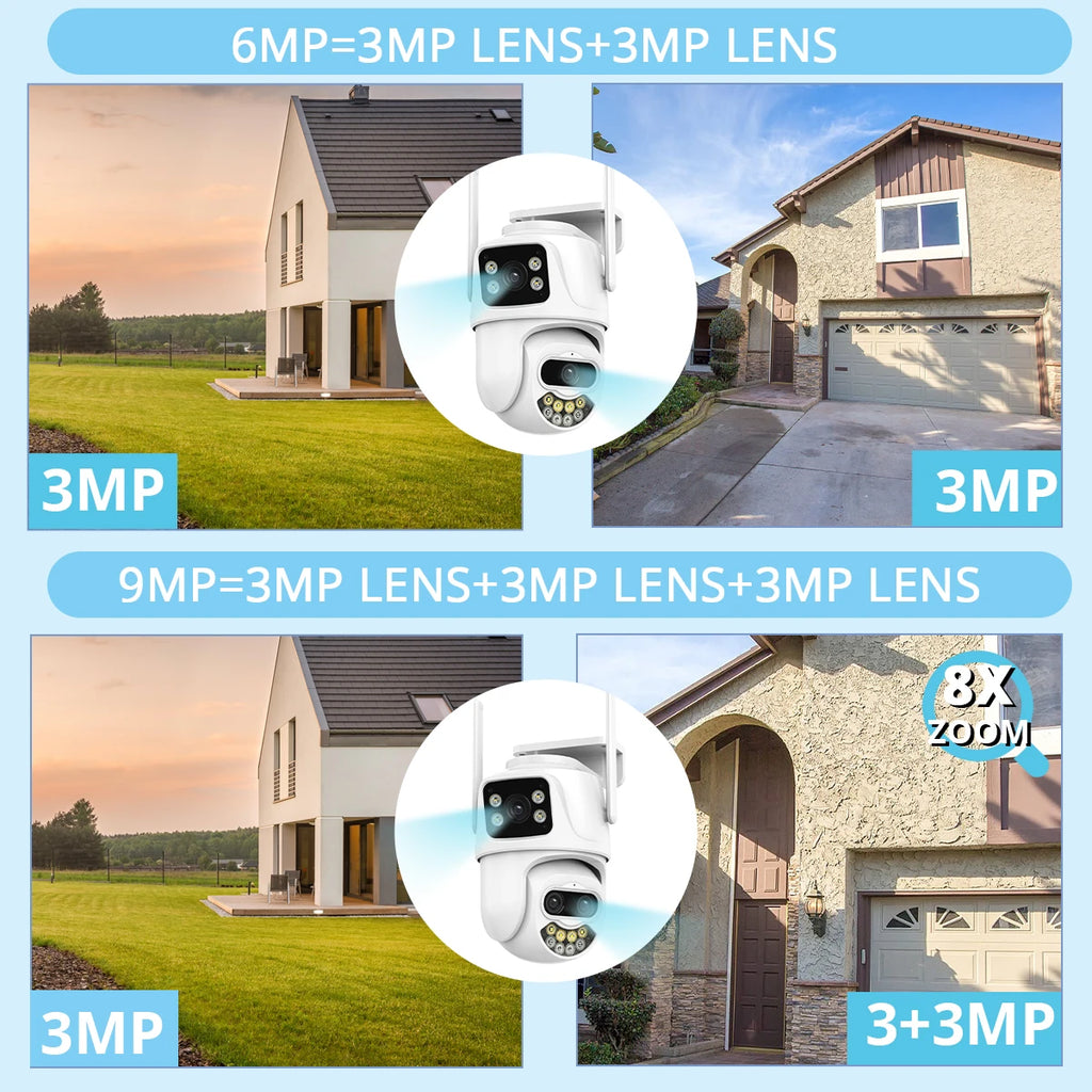 9MP 6MP WLAN-Kamera IP Außen-PTZ-Sicherheitskamera mit drei Objektiven, Dual-Screen, KI-Personenerkennung, automatische Verfolgung, Überwachungskamera ICSee