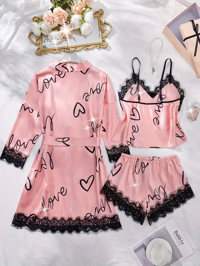 Damen-Pyjama-Set aus Satin mit Buchstaben-Print, V-Ausschnitt, sexy Spitzenbesatz, eleganter Seiden-Loungewear mit langärmeliger Robe, Trägerhemd und Shorts