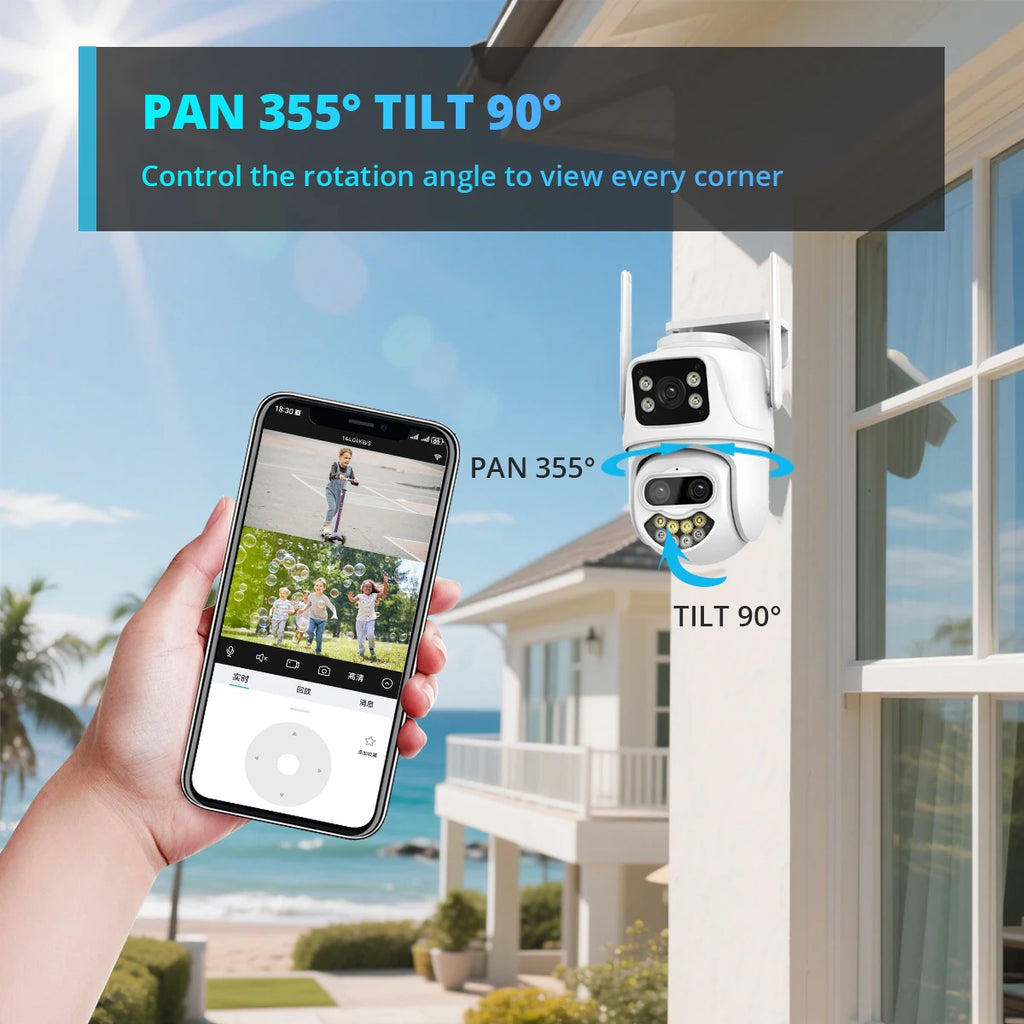 9MP 6MP WLAN-Kamera IP Außen-PTZ-Sicherheitskamera mit drei Objektiven, Dual-Screen, KI-Personenerkennung, automatische Verfolgung, Überwachungskamera ICSee