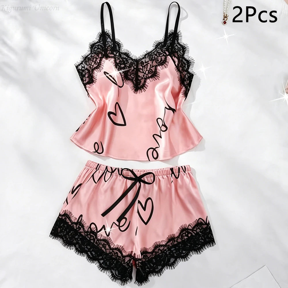 Damen-Pyjama-Set aus Satin mit Buchstaben-Print, V-Ausschnitt, sexy Spitzenbesatz, eleganter Seiden-Loungewear mit langärmeliger Robe, Trägerhemd und Shorts