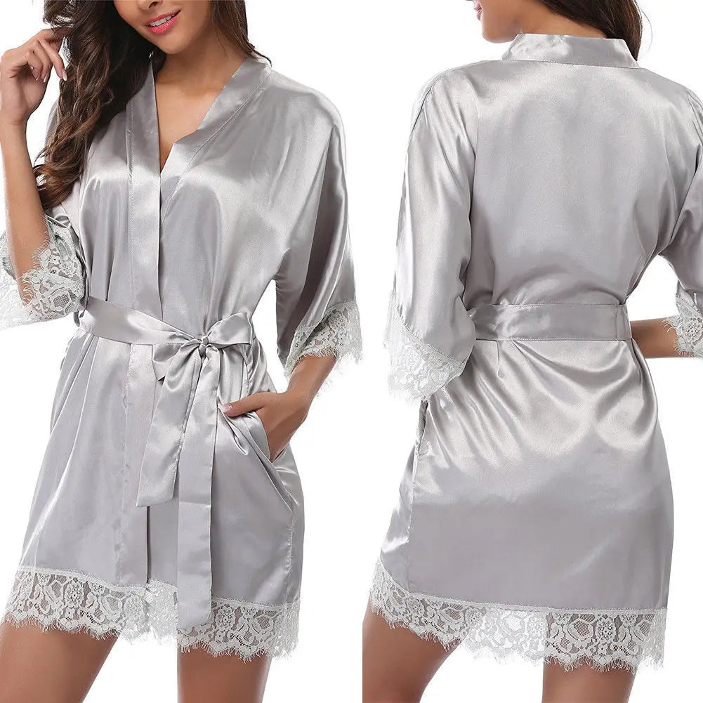 Frauen Iace Seide Pyjamas Roben Nachtwäsche Nachthemden Halbarm Nachthemd Schwarz Spitze Bademantel Glatte Weiche Bequeme Reine Farbe
