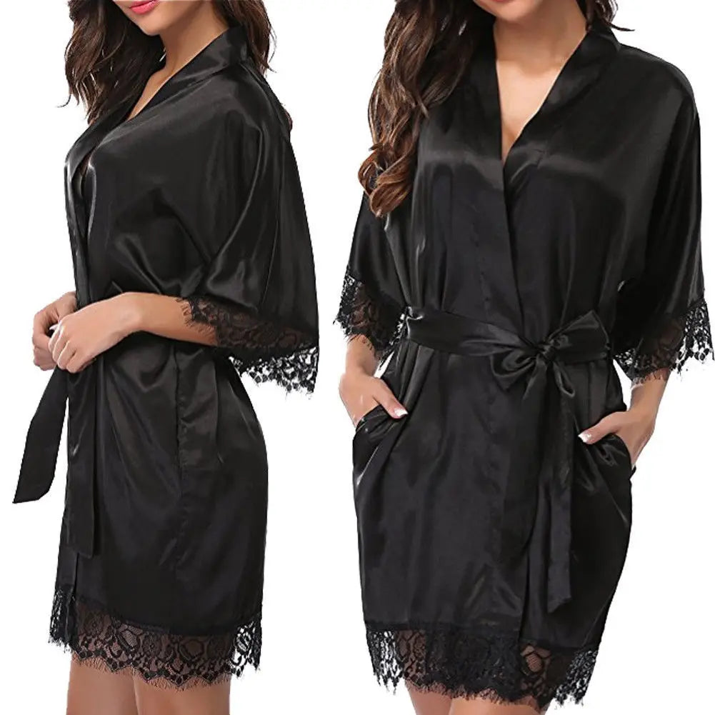 Frauen Iace Seide Pyjamas Roben Nachtwäsche Nachthemden Halbarm Nachthemd Schwarz Spitze Bademantel Glatte Weiche Bequeme Reine Farbe