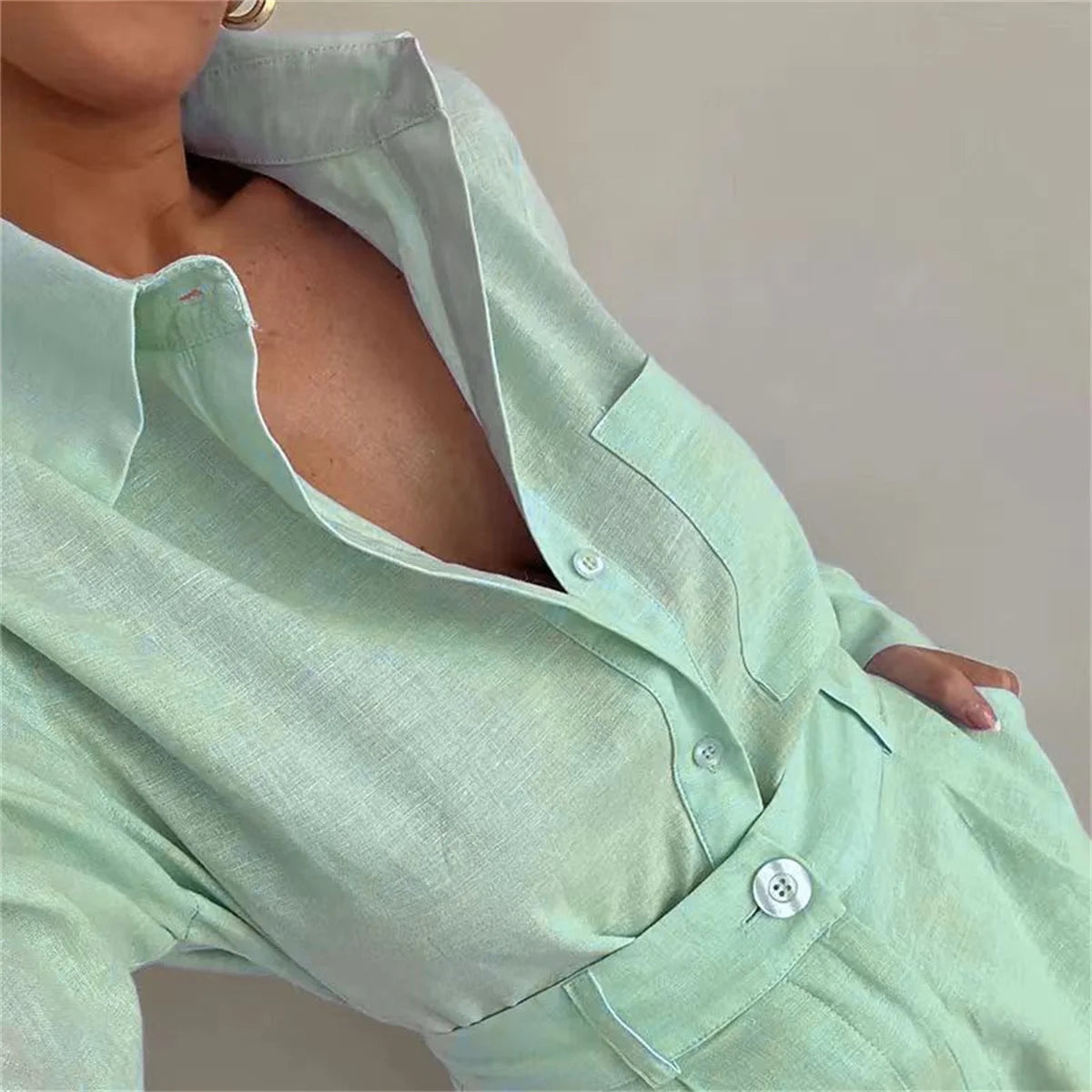 Sommer Casual Hause 2 Stück Sets Für Frauen 2025 Mode Langarm Einfache Taste Taschen Hemd Shorts Trainingsanzug Weibliche Outfits