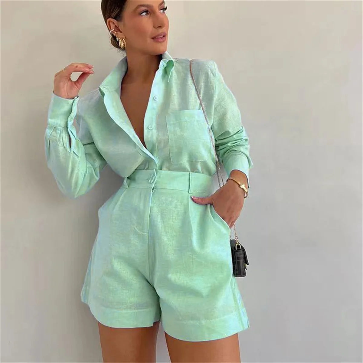 Sommer Casual Hause 2 Stück Sets Für Frauen 2025 Mode Langarm Einfache Taste Taschen Hemd Shorts Trainingsanzug Weibliche Outfits