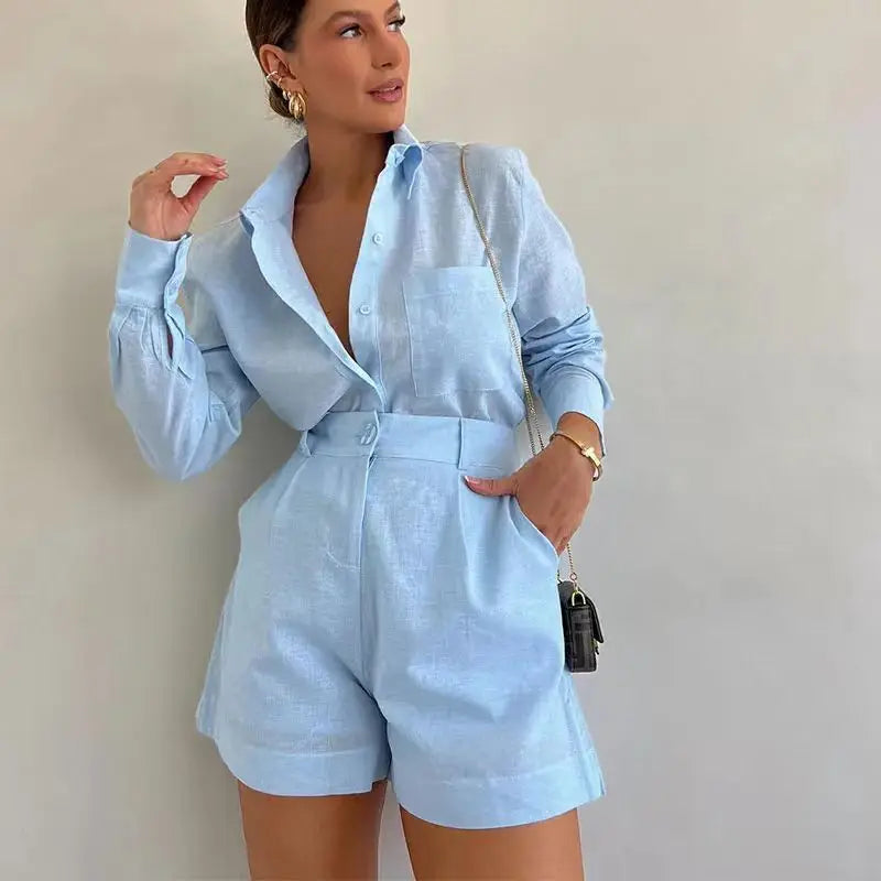 Sommer Casual Hause 2 Stück Sets Für Frauen 2025 Mode Langarm Einfache Taste Taschen Hemd Shorts Trainingsanzug Weibliche Outfits