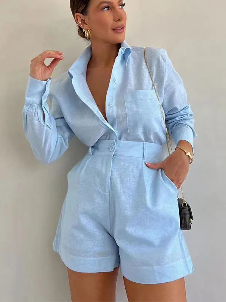 Sommer-Shorts-Sets für Damen, langärmelige Blusen mit kurzen Hosen, 2-teiliges Set, leichte Hemden, Trainingsanzug, lässige, lockere Outfits