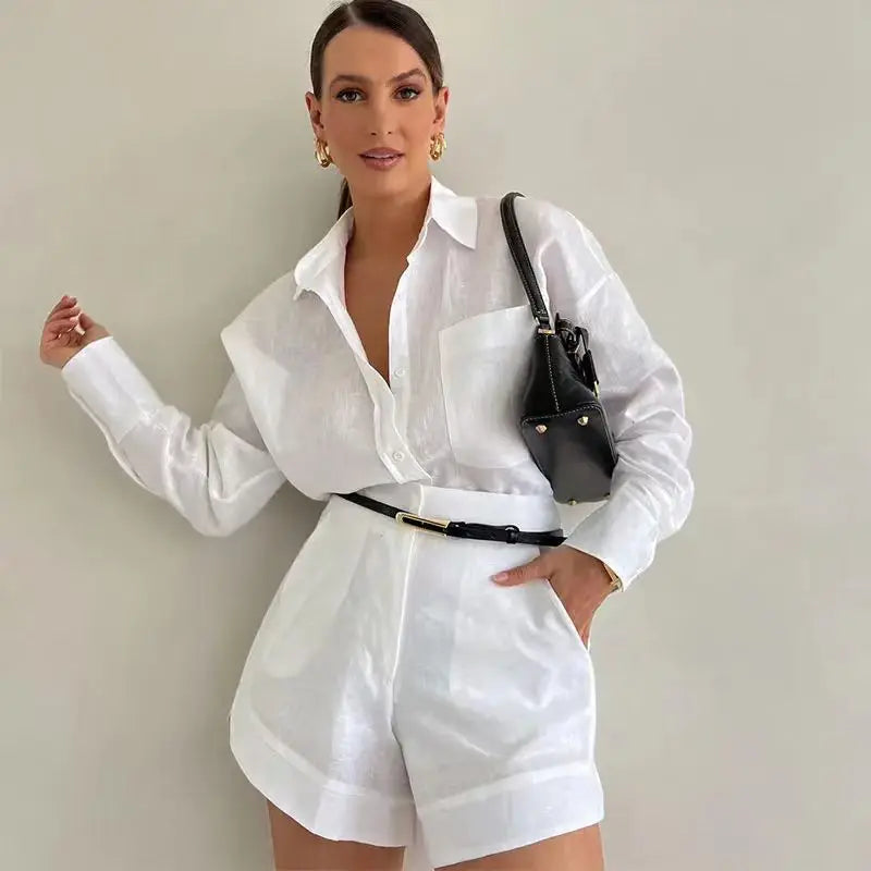 Sommer-Shorts-Sets für Damen, langärmelige Blusen mit kurzen Hosen, 2-teiliges Set, leichte Hemden, Trainingsanzug, lässige, lockere Outfits