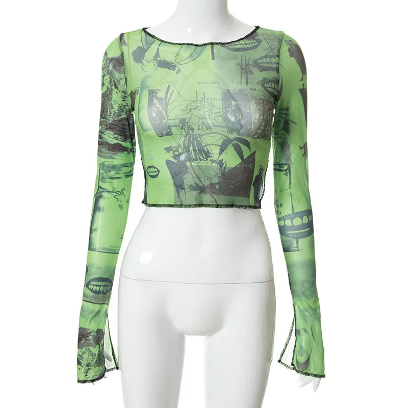 Sexy sehen Trog Crop Top Vintage Grafik druck grün Mesh schiere T-Shirt lange Flare Ärmel Slim Fit T-Shirt Frauen kleider