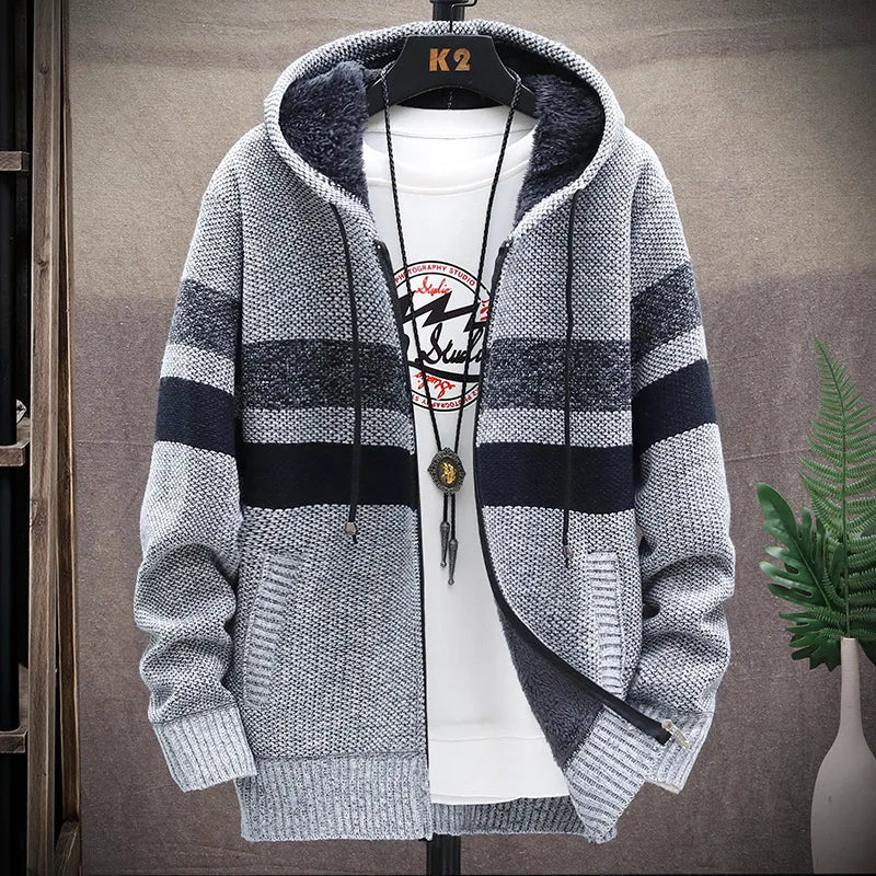 Mann Pullover Strickjacke Streifen Zipper Stricken Jacke Fleece Warme Mit Kapuze Pullover Mantel männer Straße Casual Männliche Jacke Mantel Jumper