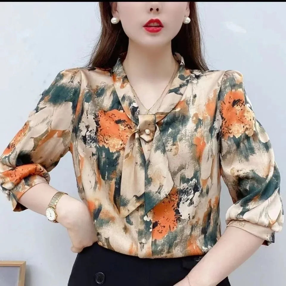 Frauen Frühling Sommer Stil Chiffon Blusen Shirts Dame Casual Halbe Hülse Fliege Kragen Gedruckt Blusen Tops DF4198