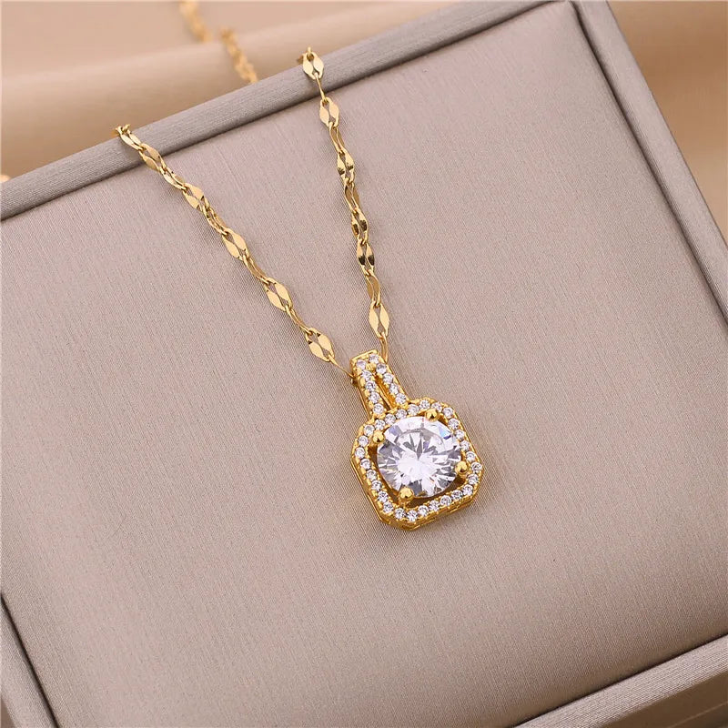 Süße Zirkon Kristall Anhänger Halskette für Frauen koreanische Mode Edelstahl Schlüsselbein Kette Schmuck weibliche Hochzeit Accessoires