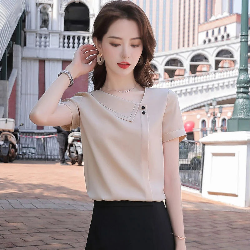 Frauen Frühling Sommer Stil Chiffon Blusen Shirts Dame Casual Asymmetrische Kragen Kurzarm Chiffon Blusas Tops DF4028