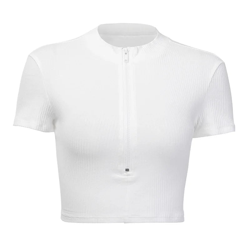 Neue Mode Slim Fit Zipper T-shirt Frauen Weibliche Bustier Korsett Tops High Neck Frauen Crop Tops T Solide Hemd Weiß