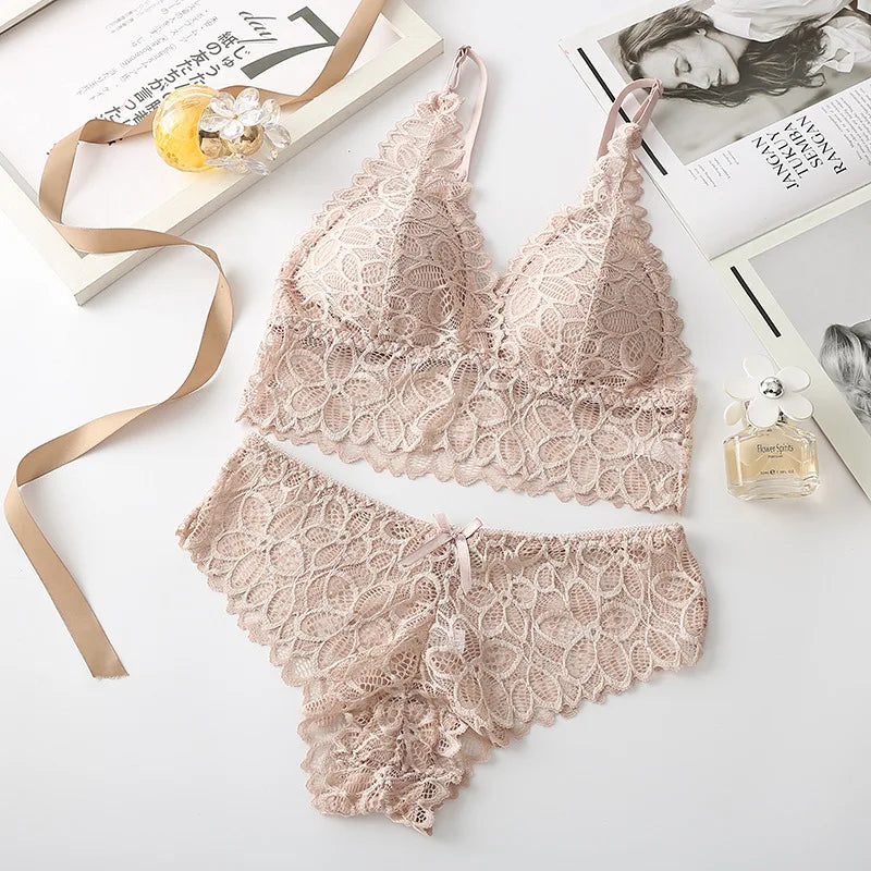 Frauen Spitze Bh Set Tiefem V Bh und Höschen Set Spitze Bralette Nahtlose Unterwäsche Stickerei Dessous Weibliche Sexy Dessous Set