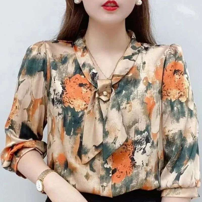 Frauen Frühling Sommer Stil Chiffon Blusen Shirts Dame Casual Halbe Hülse Fliege Kragen Gedruckt Blusen Tops DF4198