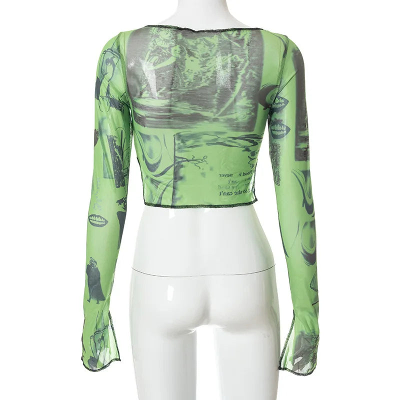 Sexy sehen Trog Crop Top Vintage Grafik druck grün Mesh schiere T-Shirt lange Flare Ärmel Slim Fit T-Shirt Frauen kleider