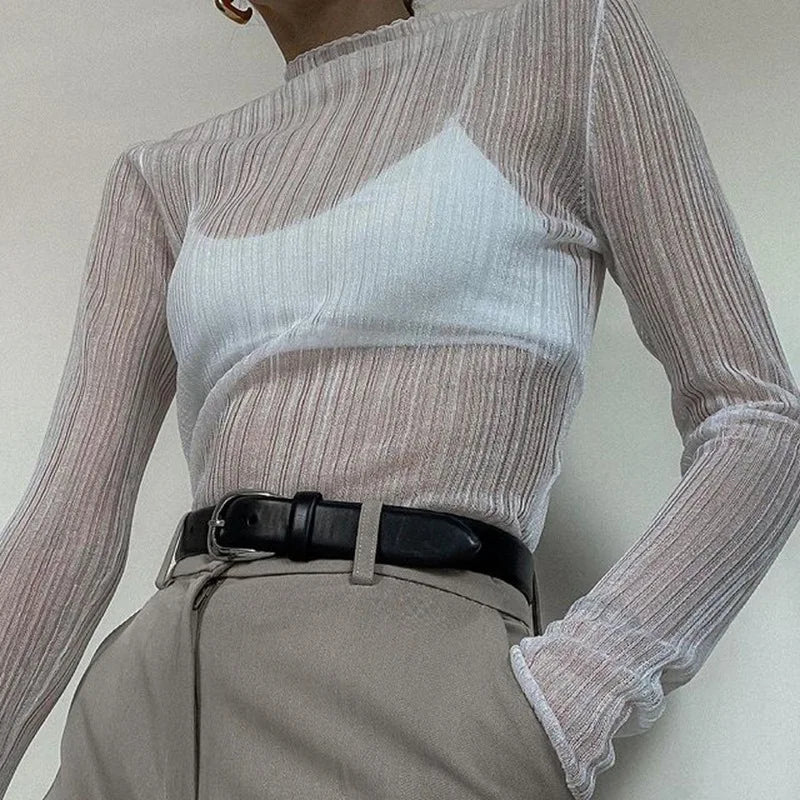 Herbst Elegante Sehen Durch Langarm Mock Neck Frauen Tops Mode Streetwear Sexy T-Shirts T-stücke Slim Kleidung
