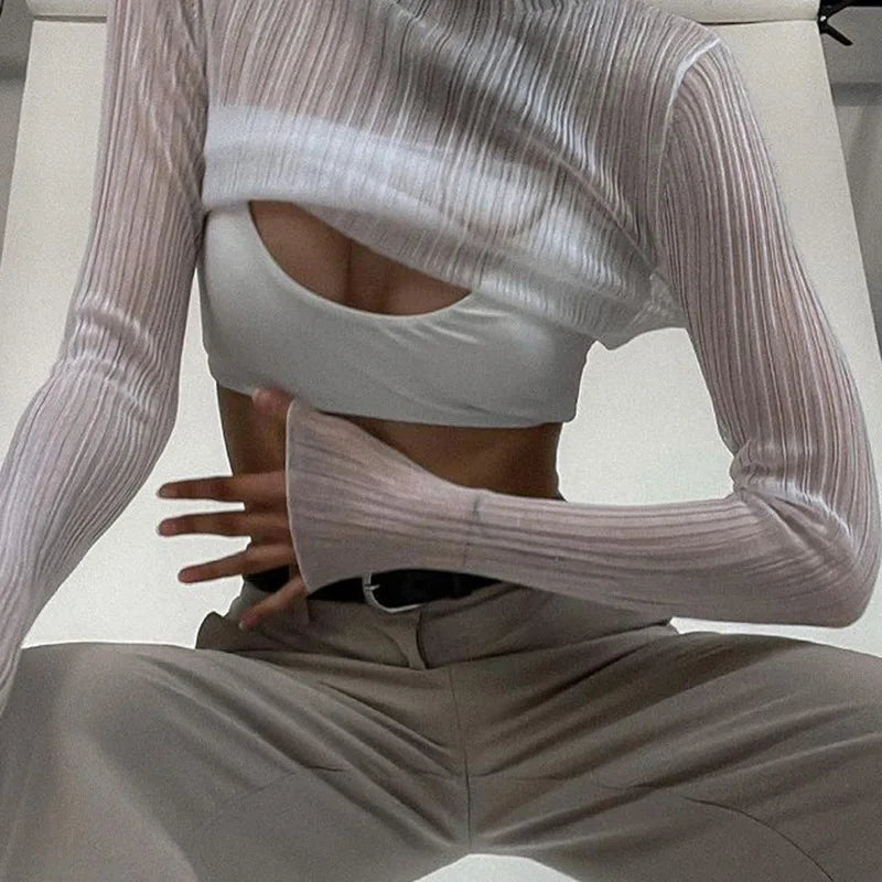Herbst Elegante Sehen Durch Langarm Mock Neck Frauen Tops Mode Streetwear Sexy T-Shirts T-stücke Slim Kleidung