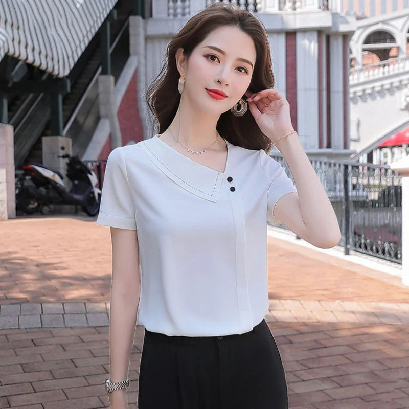 Frauen Frühling Sommer Stil Chiffon Blusen Shirts Dame Casual Asymmetrische Kragen Kurzarm Chiffon Blusas Tops DF4028