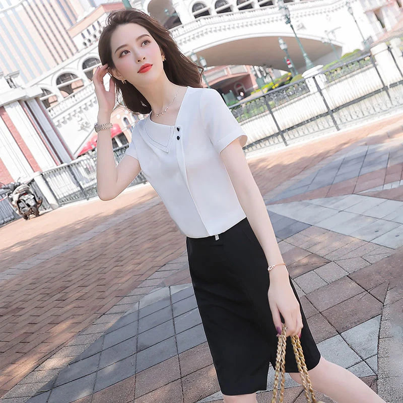 Frauen Frühling Sommer Stil Chiffon Blusen Shirts Dame Casual Asymmetrische Kragen Kurzarm Chiffon Blusas Tops DF4028