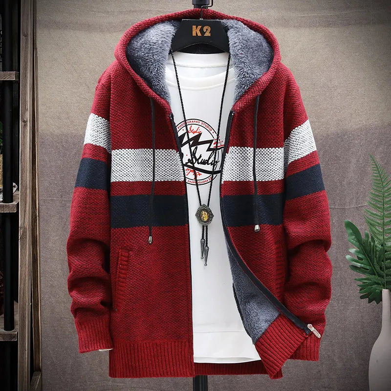 Mann Pullover Strickjacke Streifen Zipper Stricken Jacke Fleece Warme Mit Kapuze Pullover Mantel männer Straße Casual Männliche Jacke Mantel Jumper