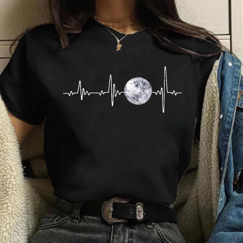 New Moon Damen Schwarzes T-Shirt Damen Lässiges Rundhals-T-Shirt Lunar Eclipse Bedrucktes Damen-T-Shirt