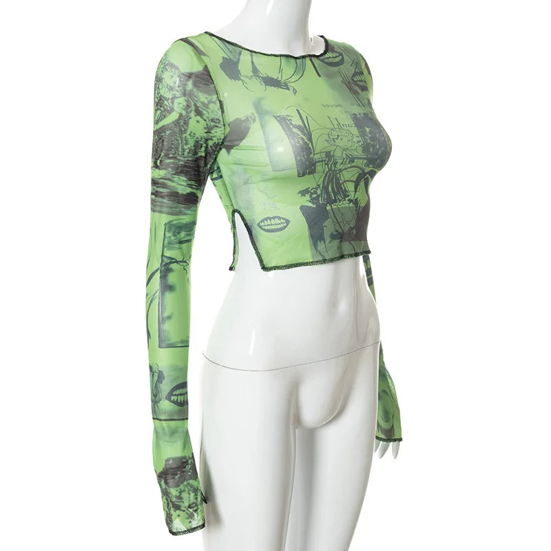 Sexy sehen Trog Crop Top Vintage Grafik druck grün Mesh schiere T-Shirt lange Flare Ärmel Slim Fit T-Shirt Frauen kleider