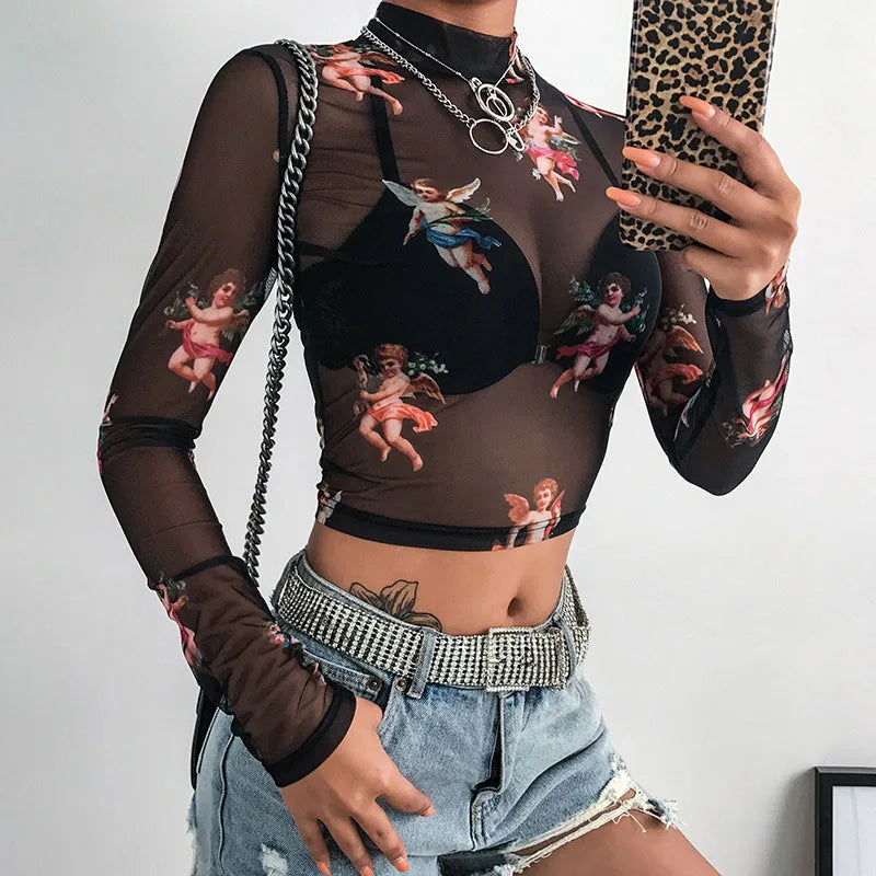 Sexy Frauen T Shirt Durchsichtig Transparent Mesh Tops Langarm Sheer Schlank Damen Rollkragen T-Shirt Neue Ankunft Frauen t-shirt