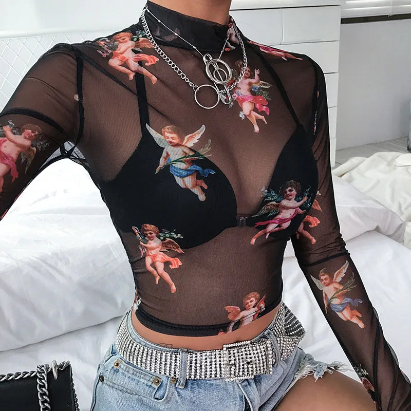 Sexy Frauen T Shirt Durchsichtig Transparent Mesh Tops Langarm Sheer Schlank Damen Rollkragen T-Shirt Neue Ankunft Frauen t-shirt