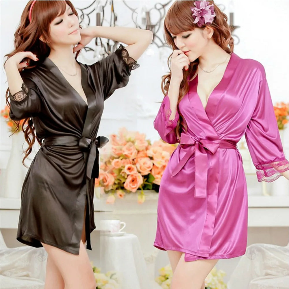 Mid-sleeve Sexy Frauen Nachtwäsche Roben Bademäntel Mit Unterwäsche Spitze Weibliche T-zurück Nachtwäsche Dame Nachthemden Pyjamas
