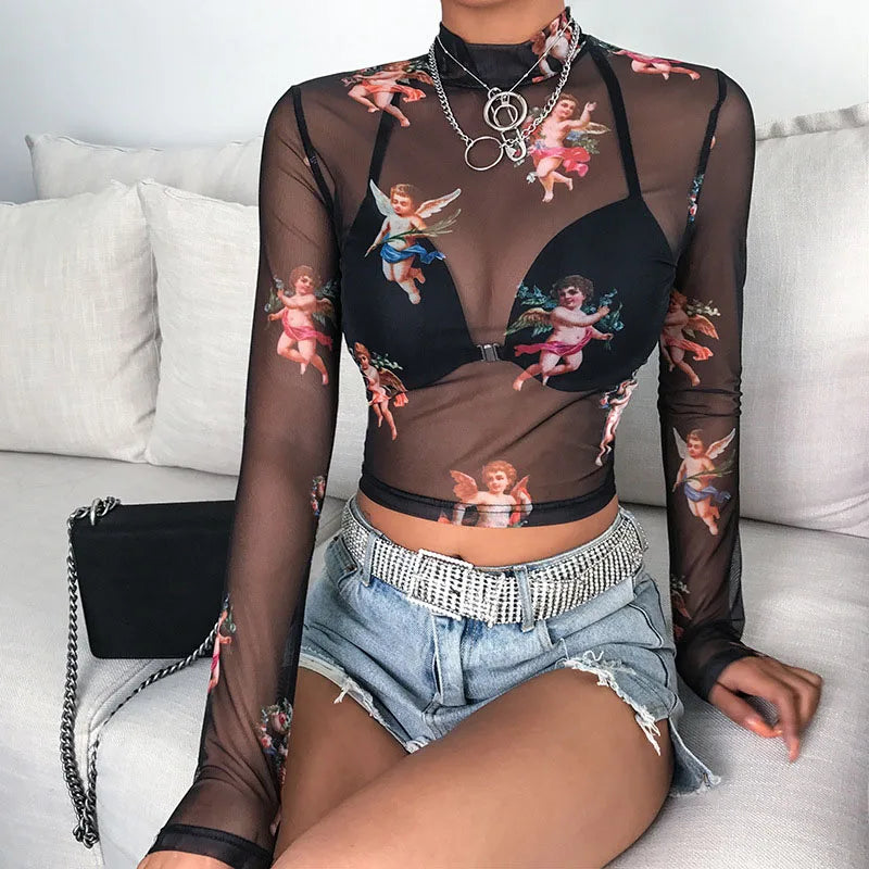Sexy Frauen T Shirt Durchsichtig Transparent Mesh Tops Langarm Sheer Schlank Damen Rollkragen T-Shirt Neue Ankunft Frauen t-shirt
