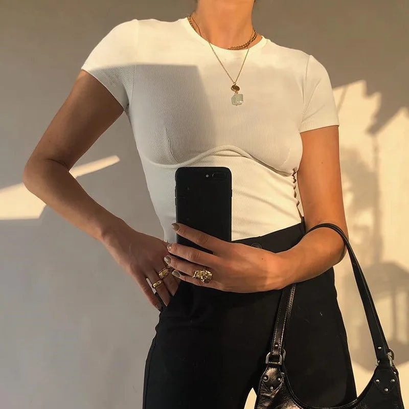 Casual Grundlegende Weiß Crop Top T Shirt Elegante Kurzarm Frau T-shirt Top High Street Baumwolle T-shirts Frauen Sommer