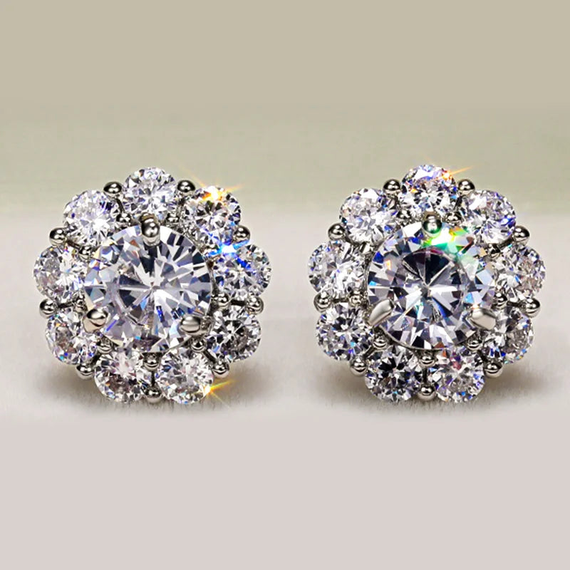 Huitan Romantische Blumenform Damen-Ohrstecker, schillernder runder Zirkonia-Kristall, vielseitiges Zubehör, weiblicher Statement-Schmuck