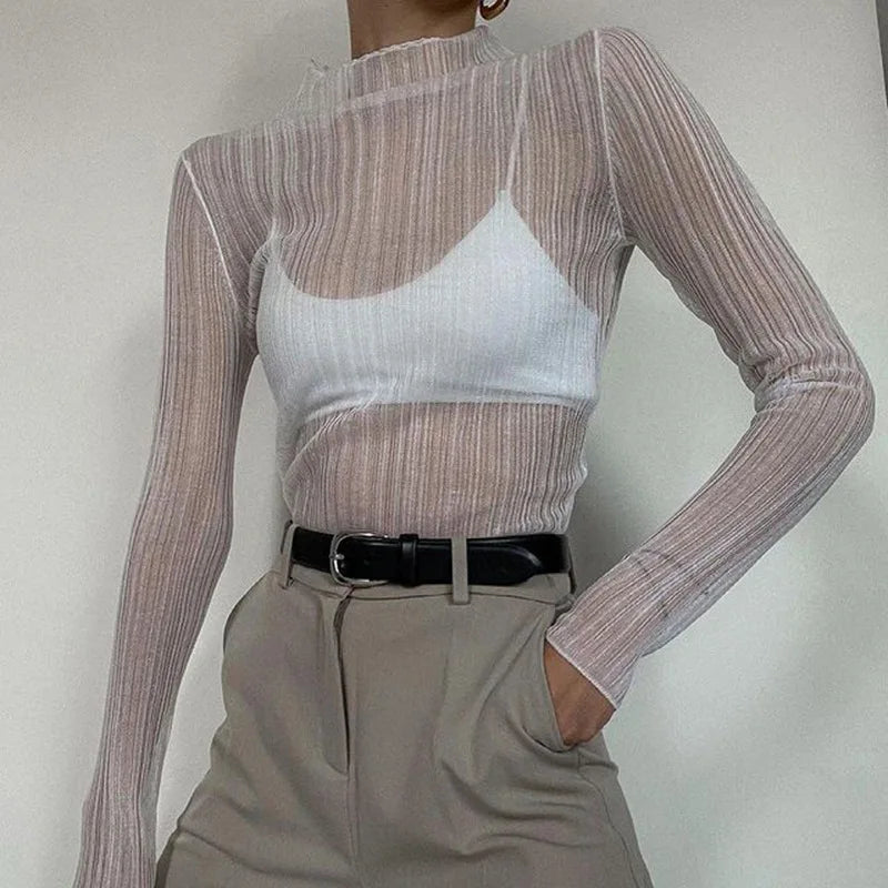 Herbst Elegante Sehen Durch Langarm Mock Neck Frauen Tops Mode Streetwear Sexy T-Shirts T-stücke Slim Kleidung