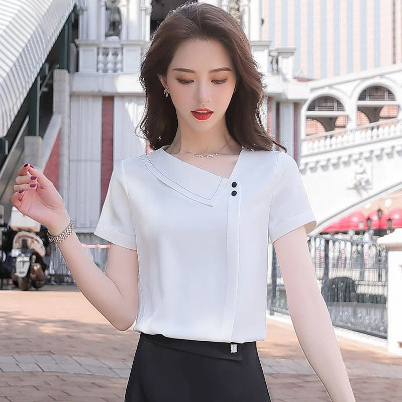 Frauen Frühling Sommer Stil Chiffon Blusen Shirts Dame Casual Asymmetrische Kragen Kurzarm Chiffon Blusas Tops DF4028