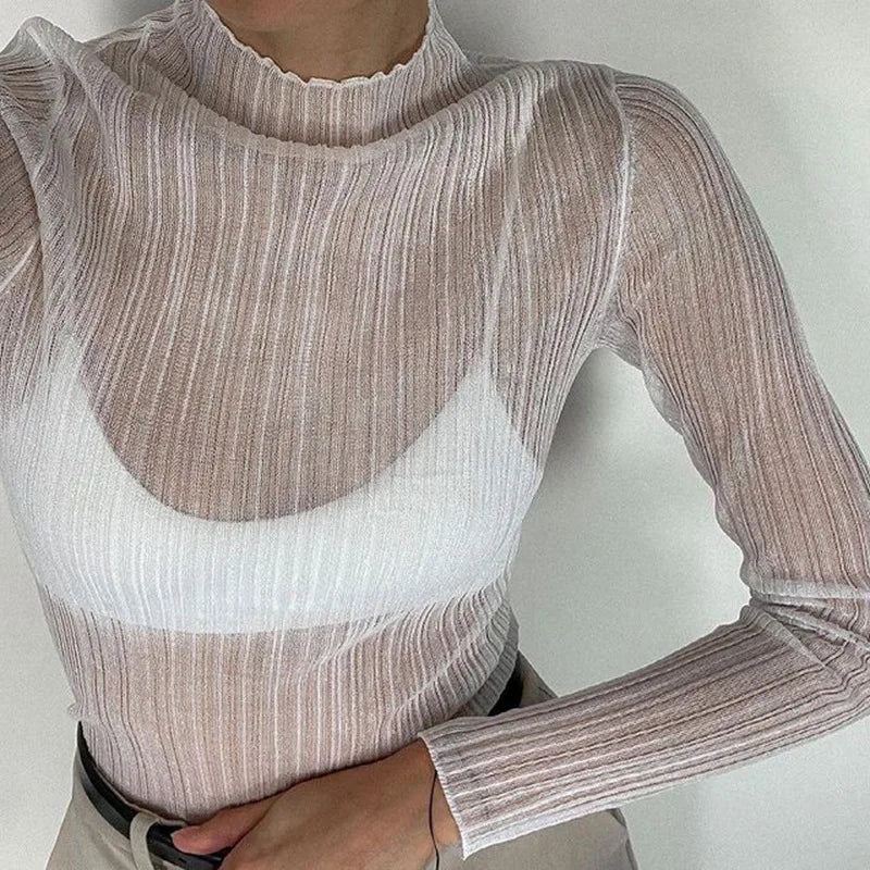 Herbst Elegante Sehen Durch Langarm Mock Neck Frauen Tops Mode Streetwear Sexy T-Shirts T-stücke Slim Kleidung