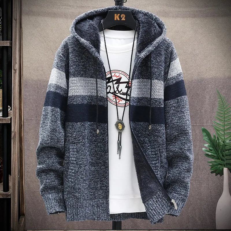 Mann Pullover Strickjacke Streifen Zipper Stricken Jacke Fleece Warme Mit Kapuze Pullover Mantel männer Straße Casual Männliche Jacke Mantel Jumper