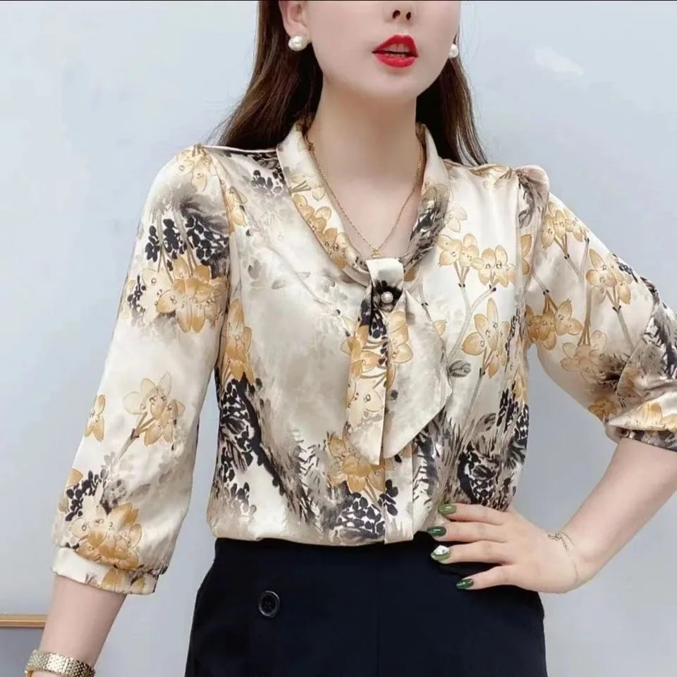 Frauen Frühling Sommer Stil Chiffon Blusen Shirts Dame Casual Halbe Hülse Fliege Kragen Gedruckt Blusen Tops DF4198