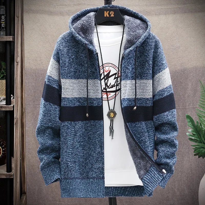 Mann Pullover Strickjacke Streifen Zipper Stricken Jacke Fleece Warme Mit Kapuze Pullover Mantel männer Straße Casual Männliche Jacke Mantel Jumper