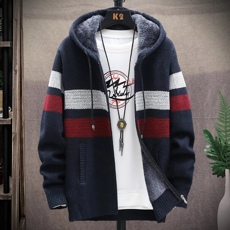 Mann Pullover Strickjacke Streifen Zipper Stricken Jacke Fleece Warme Mit Kapuze Pullover Mantel männer Straße Casual Männliche Jacke Mantel Jumper