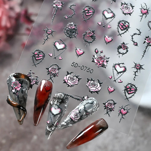 1 Stück Dunkle Sexy 5D Geprägte Dornen-Rosen-Nagelaufkleber Selbstklebende Gotische Rosa Rosen-Herz-Liebe Nagelsticker Y2K Punk Maniküre-Deko