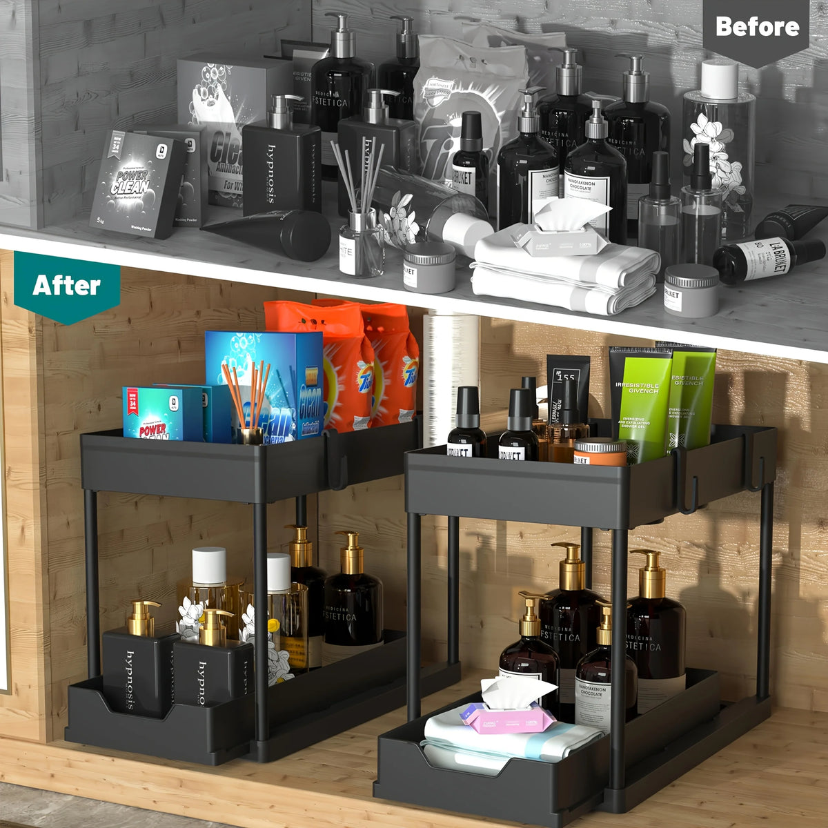 2-stufiger verschiebbare Aufbewahrungskorb unter der Spüle, multifunktionales Organizer-Rack mit Haken, hängende Tasse, platzsparend für Badezimmer und Küche