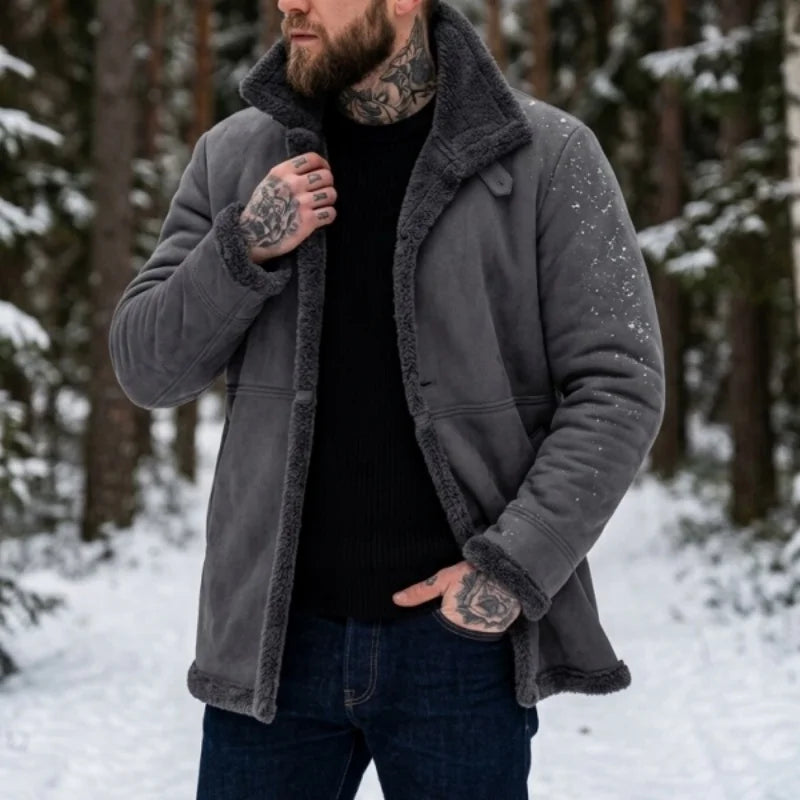 Herren-Winterjacke aus Kunstwolle – Outdoor-Arbeitskleidung und Wanderjacke mit Fleecefutter – Warme Jacke aus Kunstwildleder – Winteroberbekleidung für Herren